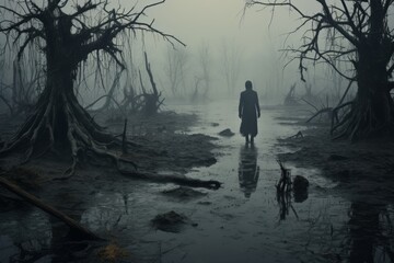 Fototapeta premium A Solitary Figure Stands Poised Against the Murky Waters of a Misty Swamp, Surrounded by Twisted Trees and the Echoes of Hidden Creatures