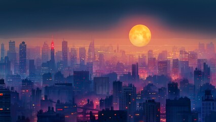 Obraz premium The buildings with red lights and full moon.