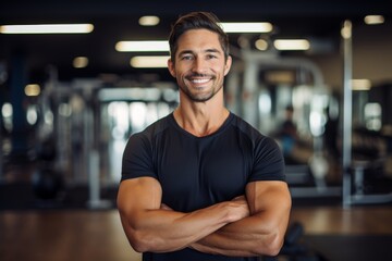 A Radiant Individual Smiling Confidently While Standing Proudly in Front of a Bustling Urban Fitness Studio, Exuding Health and Vitality