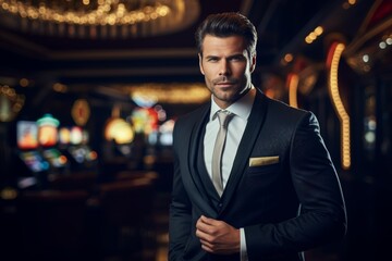 A Dapper Gentleman in a Sharp Suit Pauses for a Moment, His Confident Gaze Capturing the Camera Against the Dazzling Backdrop of a Bustling Casino Entrance