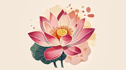 Artistic rendition of a blooming lotus flower, with delicate pink and red petals, set against a textured cream backdrop with subtle splashes of color.
