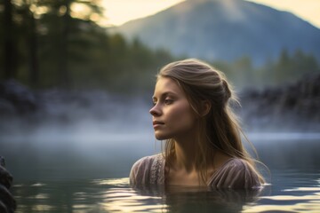 A Serene Portrait of a Young Woman Contemplating Life as She Gazes Across the Misty Waters of a Scenic Hot Spring