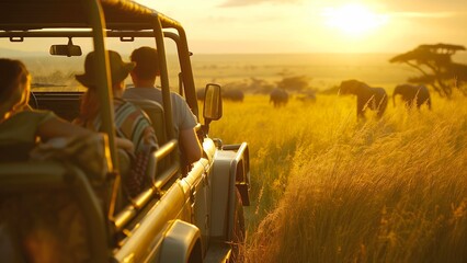 Group of tourists riding a car observing wildlife in a safari.
