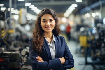 A Vision of the Future: A Confident Female Engineer Standing Proudly in Front of Her High-Tech Robotics Workshop