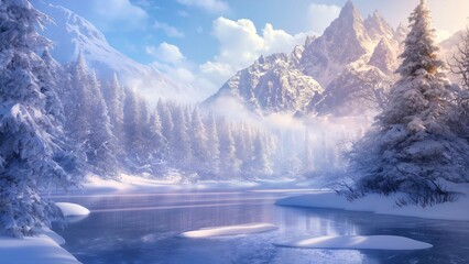 A snowy winter wonderland surrounded by trees and mountains.