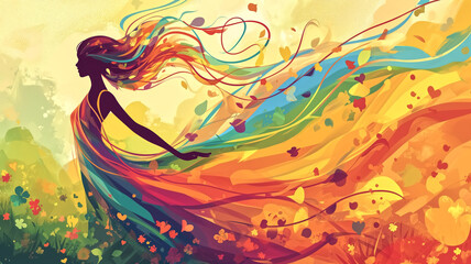 Artistic rendering of an elegant silhouette of a woman with hair and dress flowing in the wind, surrounded by a colorful, lively natural scene.
