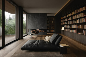Sophisticated minimalist home library in Zurich with wall-mounted bookshelves, dark wood palette, and twilight light for a tranquil reading nook. - obrazy, fototapety, plakaty