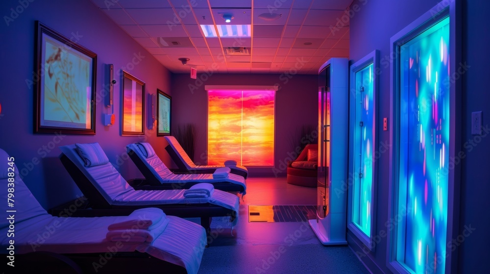 Poster a stateoftheart sound and light therapy room using music and different colored lights to create a ca