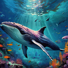 Naklejka premium Illustration of a whale swimming among among colorful marine corals in the sea or ocean