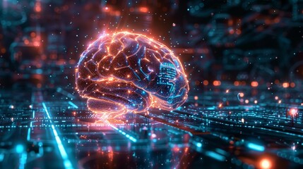 Futuristic visualization of an illuminated brain on a circuit board symbolizing advanced AI