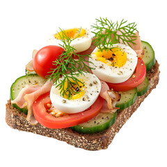  A serving of Danish smørrebrød, open-faced sandwich with various toppings, transparent background, PNG Cutout