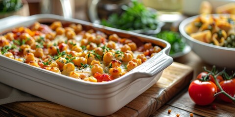 a pasta bake made with chickpeas and tomato sauce