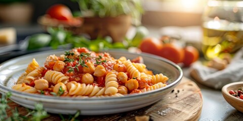 a pasta bake made with chickpeas and tomato sauce