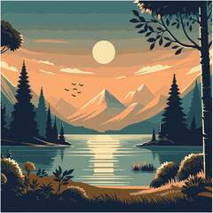 Mountain forest sunse with rivert. Vector nature landscape