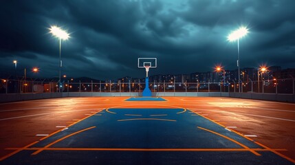 Nighttime basketball court under bright lights and dark sky.