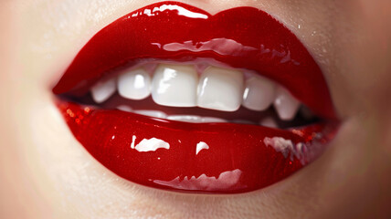 Glossy lips in a vibrant shade of red, exuding confidence and elegance with every smile. - obrazy, fototapety, plakaty