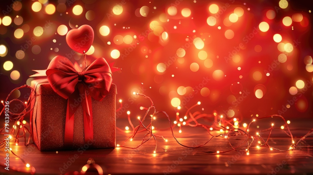 Poster brighten up your valentine s day with a captivating banner featuring a gift box adorned with a red b