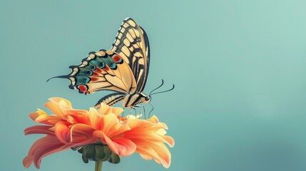 Fototapeta premium An elegant of a butterfly perched on a vibrant flower, set against a solid pastel blue background, highlighting delicate artistry