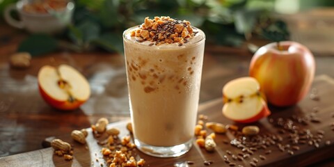 apple-nut smoothie made with fat milk, peanut butter, flax seeds, and a diced apple, sweetened with a touch of sugar or erythritol