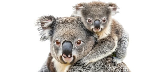 Fototapeta premium A mother koala carrying her joey on her back against a white background