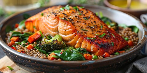 Atlantic salmon stewed with a medley of vegetables including broccoli, served over cooked buckwheat groats - obrazy, fototapety, plakaty