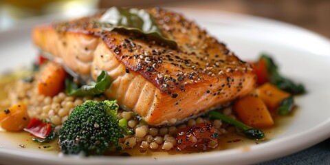 Atlantic salmon stewed with a medley of vegetables including broccoli, served over cooked buckwheat groats - obrazy, fototapety, plakaty