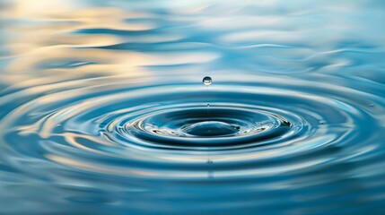 Ripple effects on a clear blue pond from a single droplet, expanding circles interacting with gentle morning light, mesmerizing and subtle