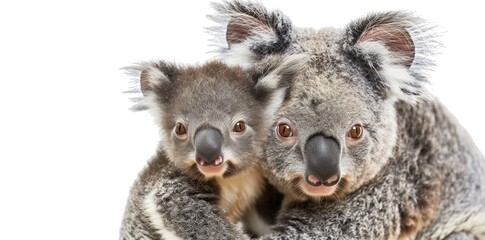 Heartwarming scene of a mother koala cradling her joey on her back against a clean white backdrop.