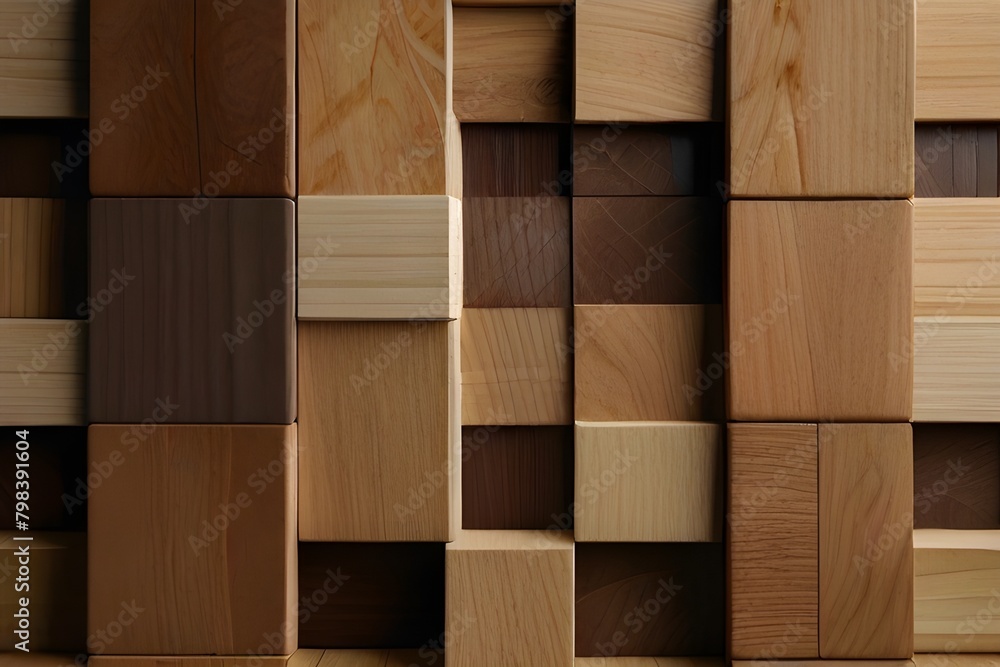 Poster wood block wall background. mosaic wallpaper with light and dark timber rectangle tile pattern gener