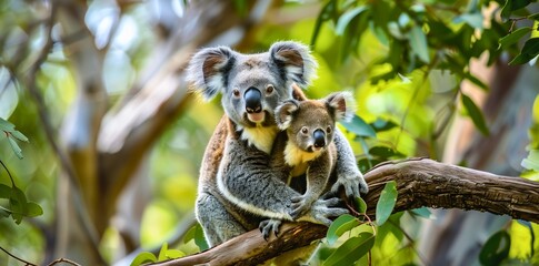 Mother koala carrying her joey on her back.