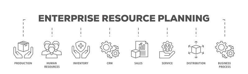 Enterprise resource planning icons process flow web banner illustration of production, human resources, inventory, crm, sales, service icon live stroke and easy to edit 