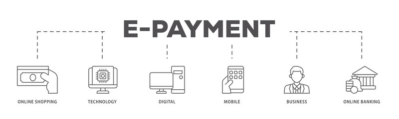 E Payment icons process flow web banner illustration of online shopping, technology, digital, mobile, business and online banking icon live stroke and easy to edit 
