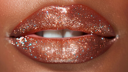 Glossy lips shimmering with a hint of sparkle, adding a touch of glamour and sophistication to the overall look