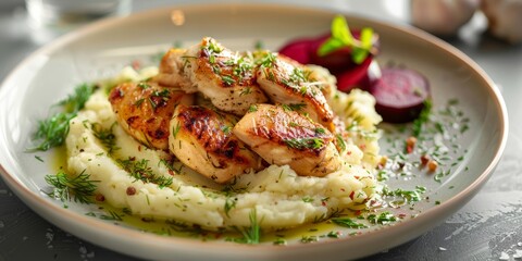 creamy mashed potatoes in dill sauce, served with beets and braised chicken