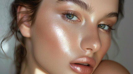  Luminous highlighter delicately applied to the high points of the face, creating a subtle glow that exudes timeless elegance