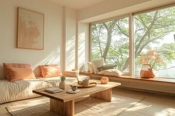 Bright and Airy Apartment with Tree Views: Cozy Minimalist Living Room in Natural Light and Trendy Peach Decor