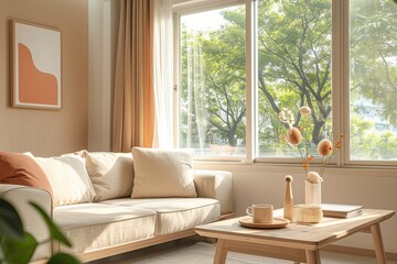 Bright Tree View Apartment: Cozy Minimalist Living Room with Peach Accents