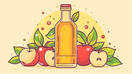 Cheerful cartoon illustration of apple cider vinegar in a clear bottle with whole and cut apples.