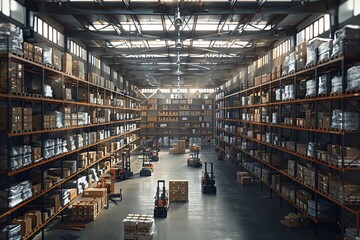 Capture a bustling warehouse from a dynamic birds-eye view with CG 3D rendering Show intricate details of organized shelves, forklifts in motion, and busy workers,
