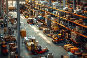 Capture a bustling warehouse from a dynamic birds-eye view with CG 3D rendering Show intricate details of organized shelves, forklifts in motion, and busy workers,