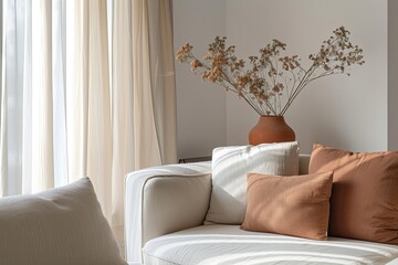 Natural Light-Filled Apartment: Stylish Terracotta Vase Decor & Cozy Sofa Ambiance