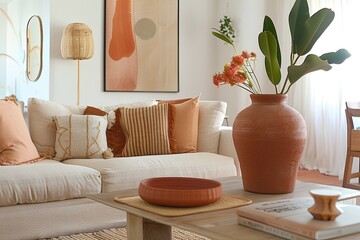 Stylish Terracotta Decor Apartment: Peach Accents & Natural Light Harmony
