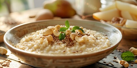 millet porridge made with fat milk, enriched with flax seeds, chopped pear, and a handful of chopped cashew nuts