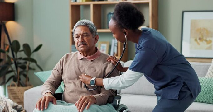 Senior, man and nurse with stethoscope for cardiology consultation with chest problem and pneumonia symptoms. Elderly patient, caregiver and heart check in nursing home for lung health and healthcare
