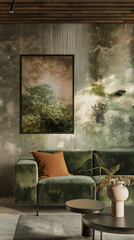 Modern living room with abstract wall art and velvet sofa