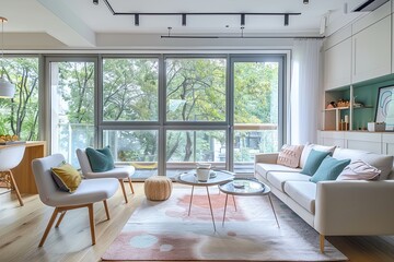 Fototapeta premium Chic Pastel Interior: Bright & Airy Apartment with Tree Views