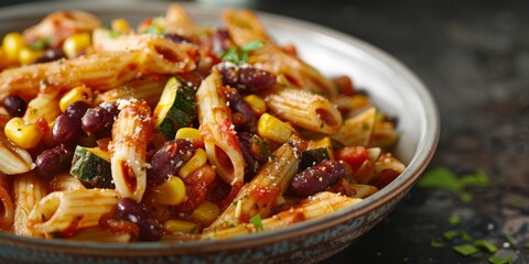 penne pasta mixed with red beans and vegetables in a tomato sauce, The pasta is tossed with cooked red beans, diced zucchini, red bell pepper, and corn