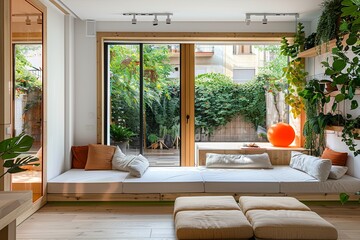 Modern Greenery View Apartment with Cozy Minimalist Decor and Vibrant Orange Accents