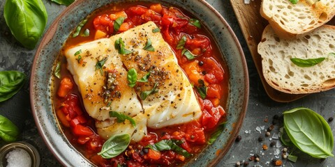 pollock fish baked in a savory tomato sauce with a side of wheat bread