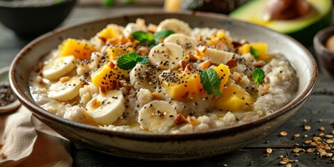 rye flakes cooked in fat milk, combined with natural fat yogurt, chia seeds, cooked rye bran, and topped with diced fruits including banana, peach, and avocado